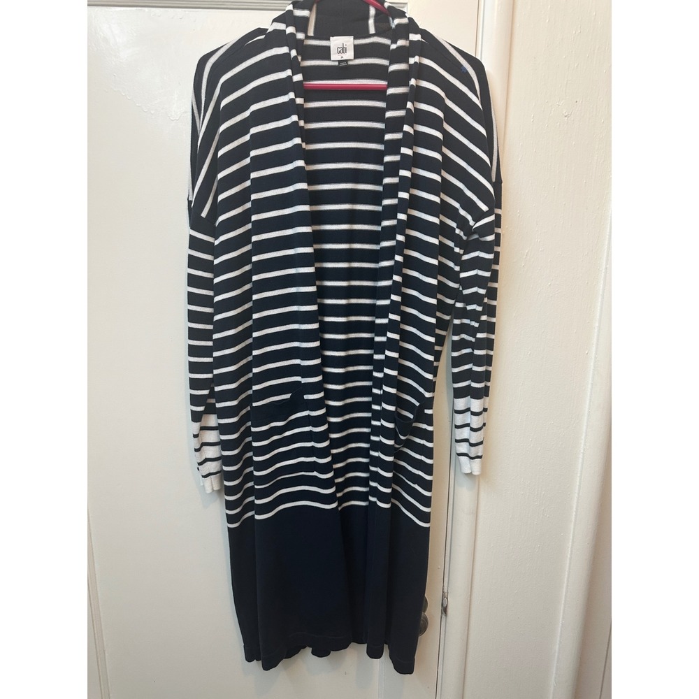 Cabi 6243 Women Navy White Striped Longline Open Front Cardigan Duster Sweater M